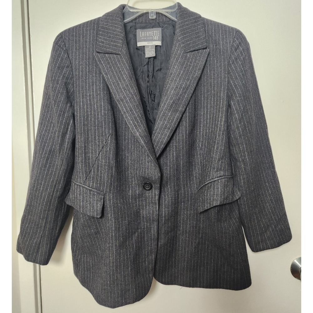 Lafayette‎ 148 Gray Wool Pinstripe Blazer 10P Single Breasted 3/4 Sleeve Vtg USA
